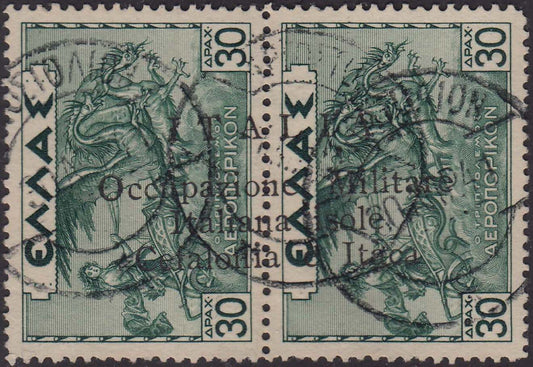 Francobollo di Posta Aerea di Grecia 30 + 30 dracme verde, con soprastampa a macchina (8) usato