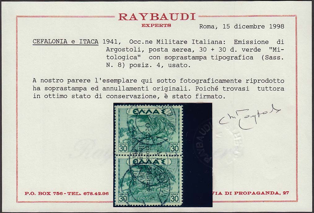 Francobollo di Posta Aerea di Grecia 30 + 30 dracme verde, con soprastampa a macchina (8) usato