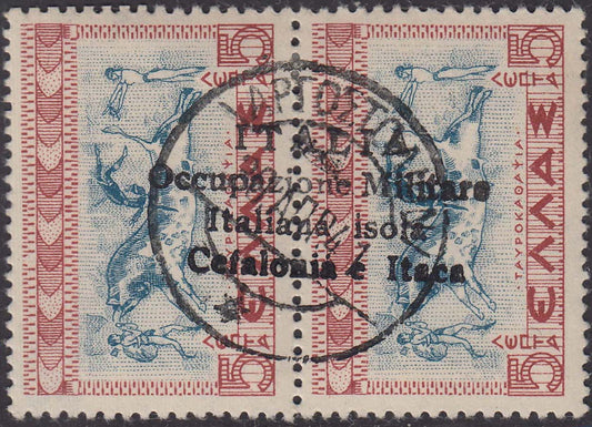 Greek stamp from the Mythological series, 5 + 5 Lepta brown, red and blue, with hand overprint by Argostoli (56b) used