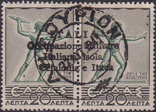 PP4008 - Francobollo di di Grecia della serie Mitologica, 20 + 20 Lepta con soprastampa a mano di Argostoli (58) usato