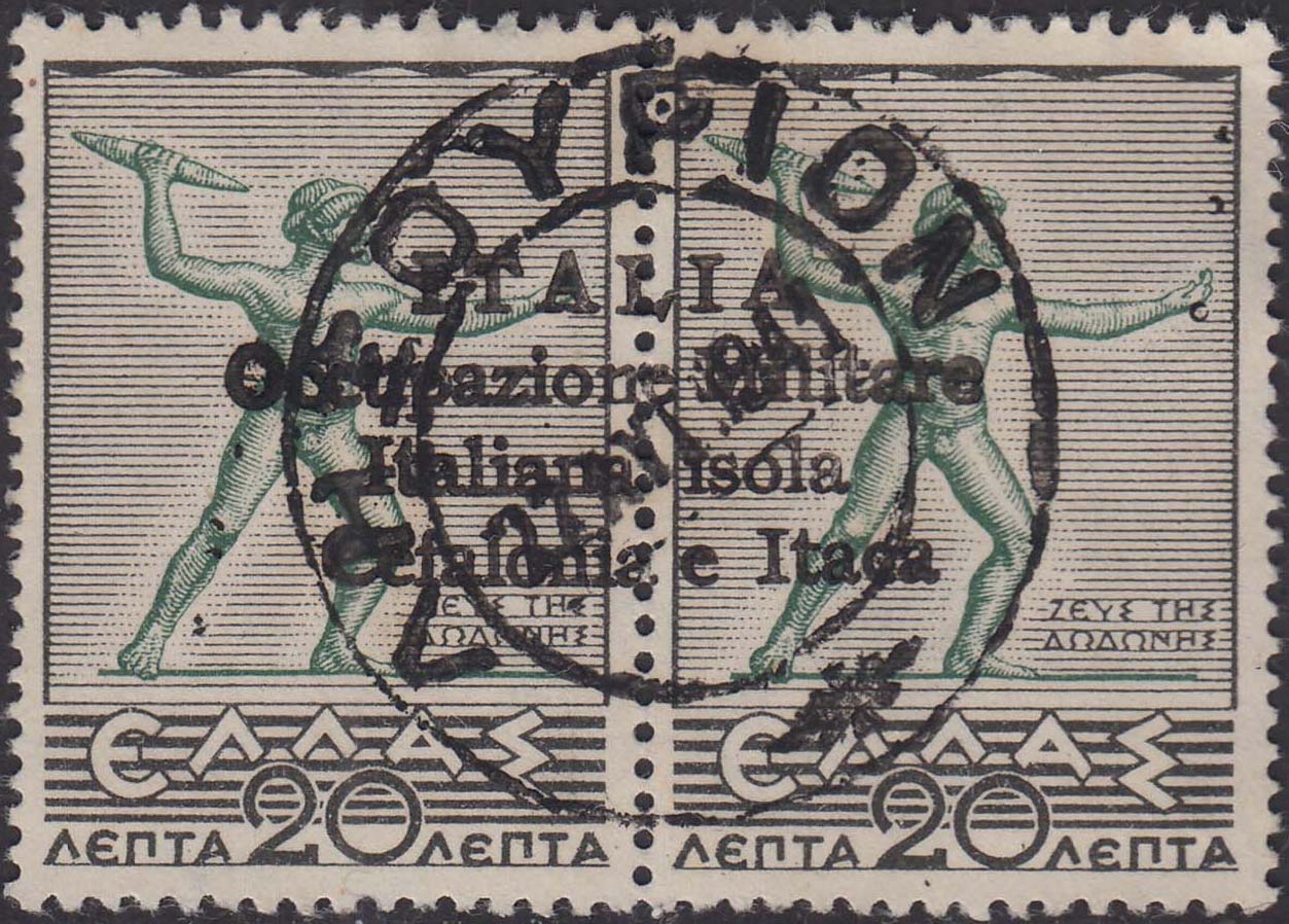 Francobollo di di Grecia della serie Mitologica, 20 + 20 Lepta con soprastampa a mano di Argostoli (58) usato