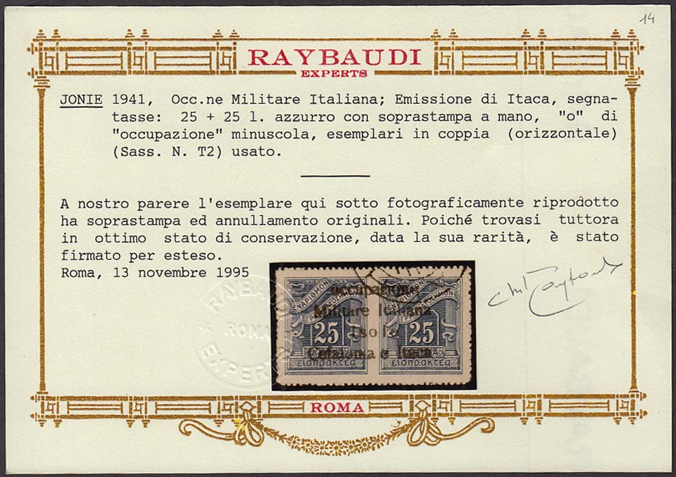 Segnatasse di Grecia 25 + 25 lepta azzurro, con soprastampa a mano di Itaca con "o" piccola (2) usato