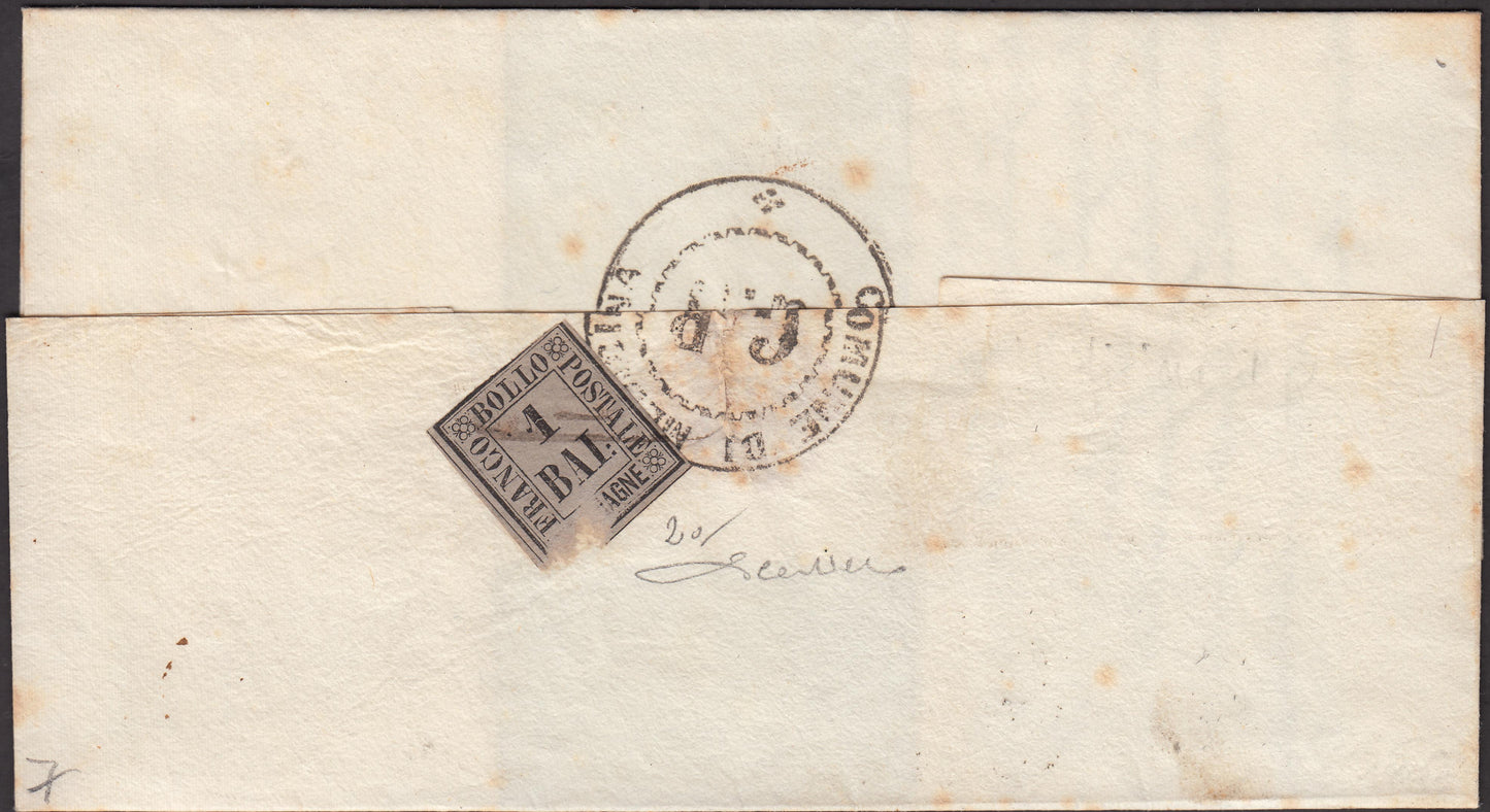 Provisional Government of Romagna, 1 gray baj on the reverse of the package from Medicina to Bologna