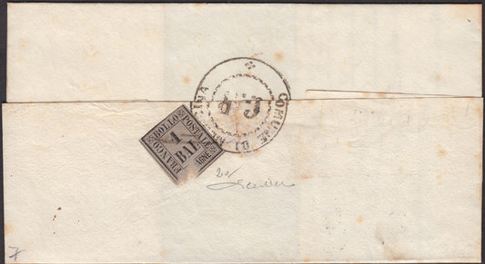 Provisional Government of Romagna, 1 gray baj on the reverse of the package from Medicina to Bologna