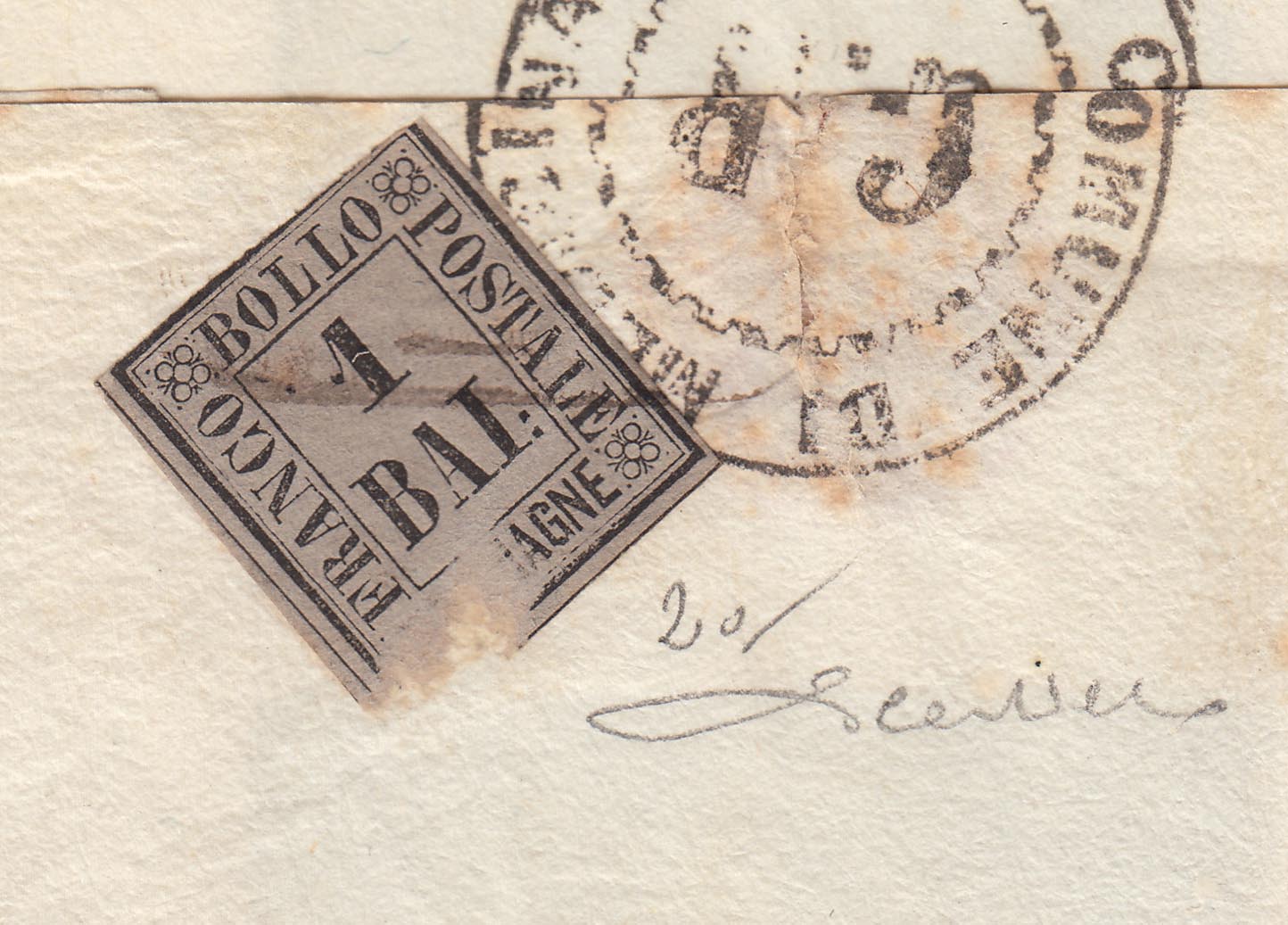 Provisional Government of Romagna, 1 gray baj on the reverse of the package from Medicina to Bologna