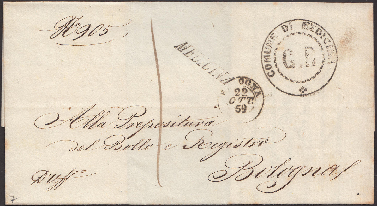 Provisional Government of Romagna, 1 gray baj on the reverse of the package from Medicina to Bologna