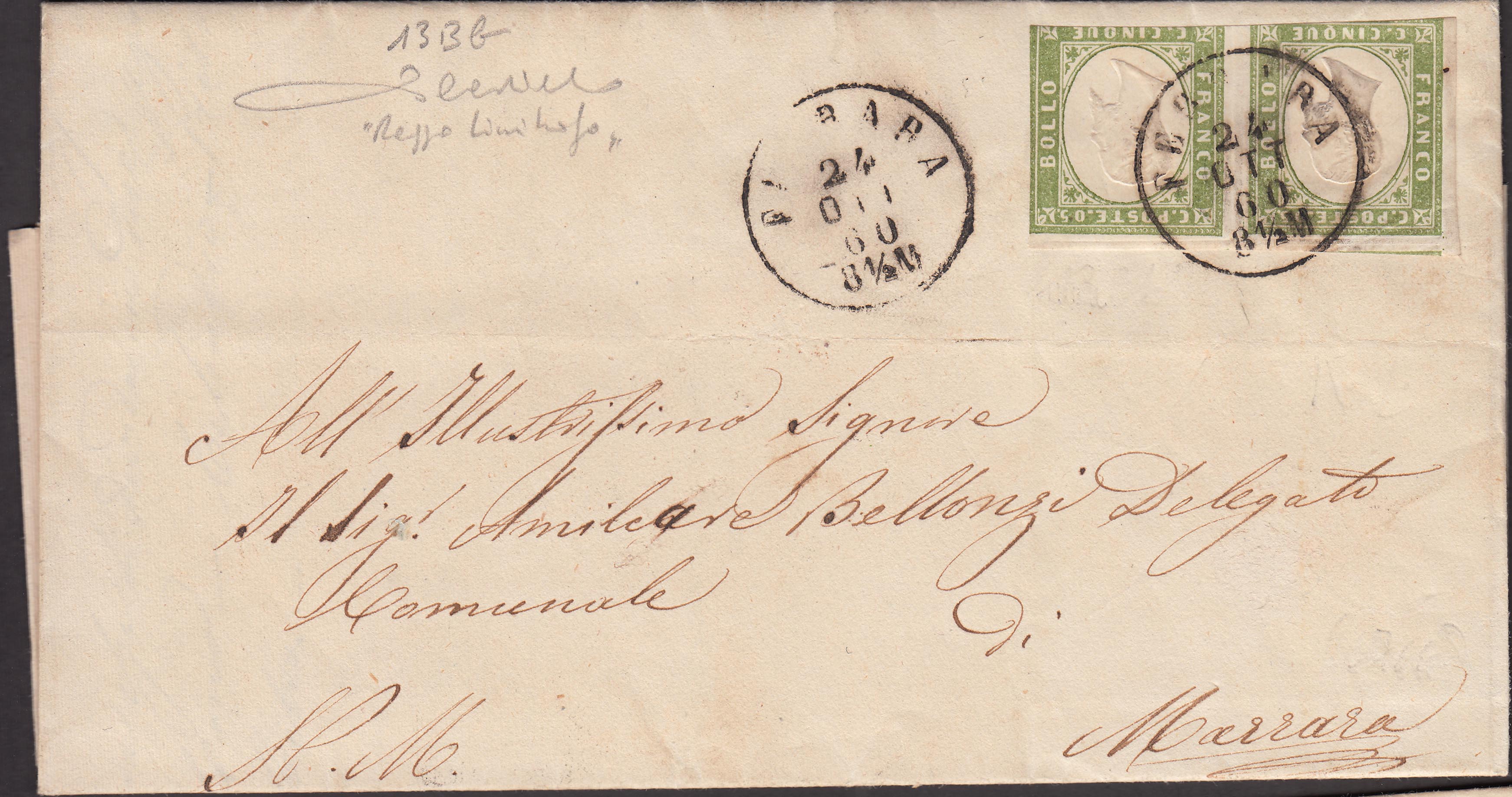 IV issue, c.5 light olive green III composition pair on letter from FERRARA for Campo di Marrara 24/10/60