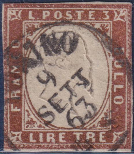 PP517 - 1861 - Lire 3 rame vivo (18A) usato con annulo originale di Torino 9 SETT 63