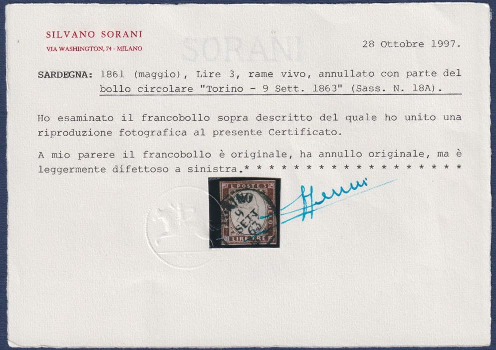 PP517 - 1861 - Lire 3 rame vivo (18A) usato con annulo originale di Torino 9 SETT 63