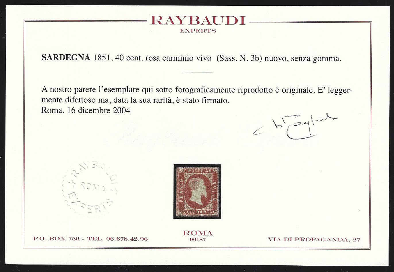 PP532 - 1851 - I emissione, c.40 rosa carminio vivo (3b) nuovo senza gomma.