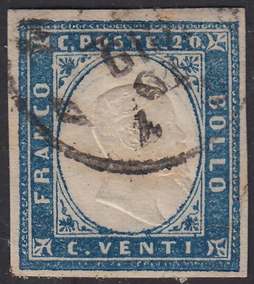 1861 - Sardinia IV issue c. 20 greyish cobalt II plate (15Dd) used