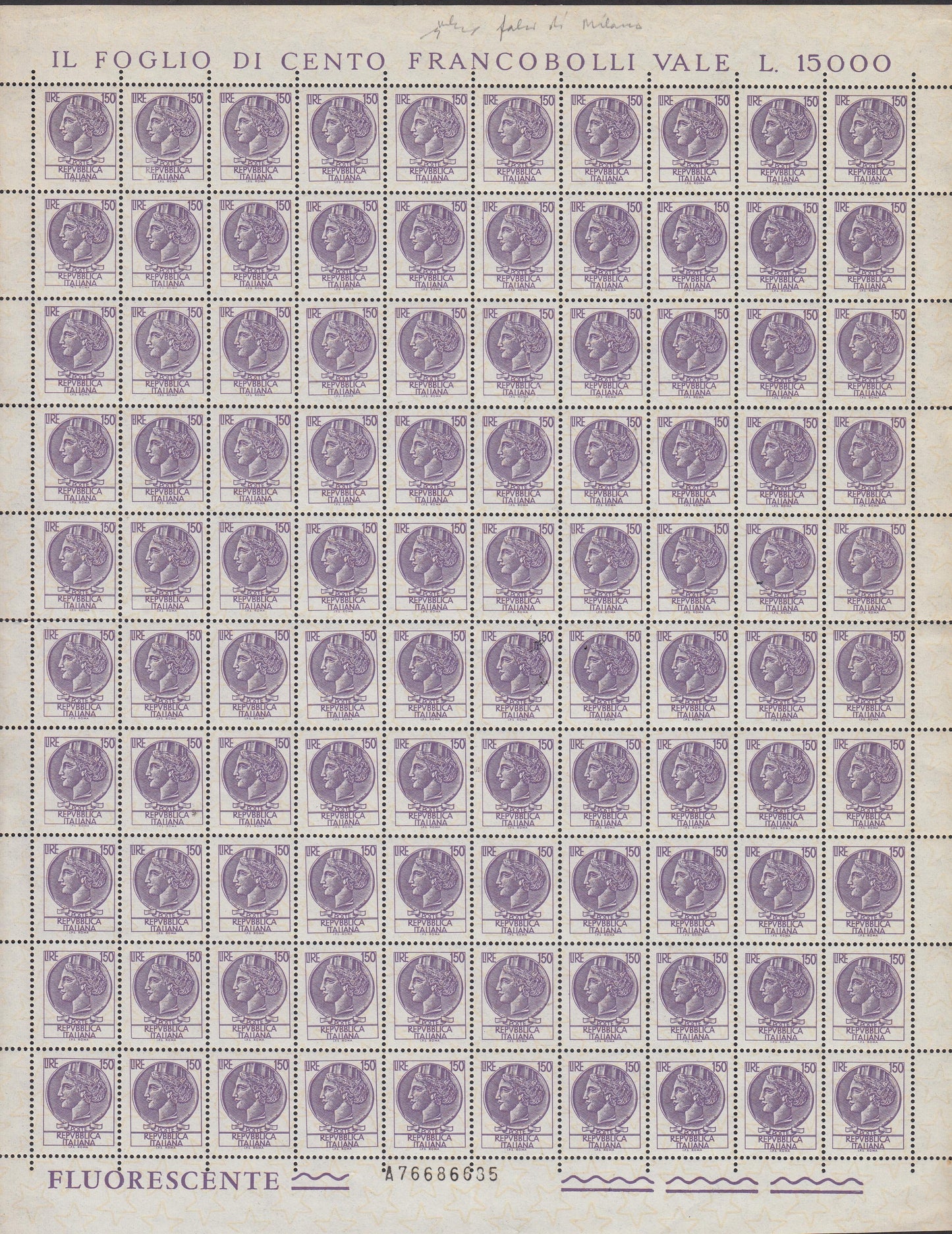 PP661 - Siracusana serving counterfeit, L.150 violet mauve, complete sheet of 100 copies.