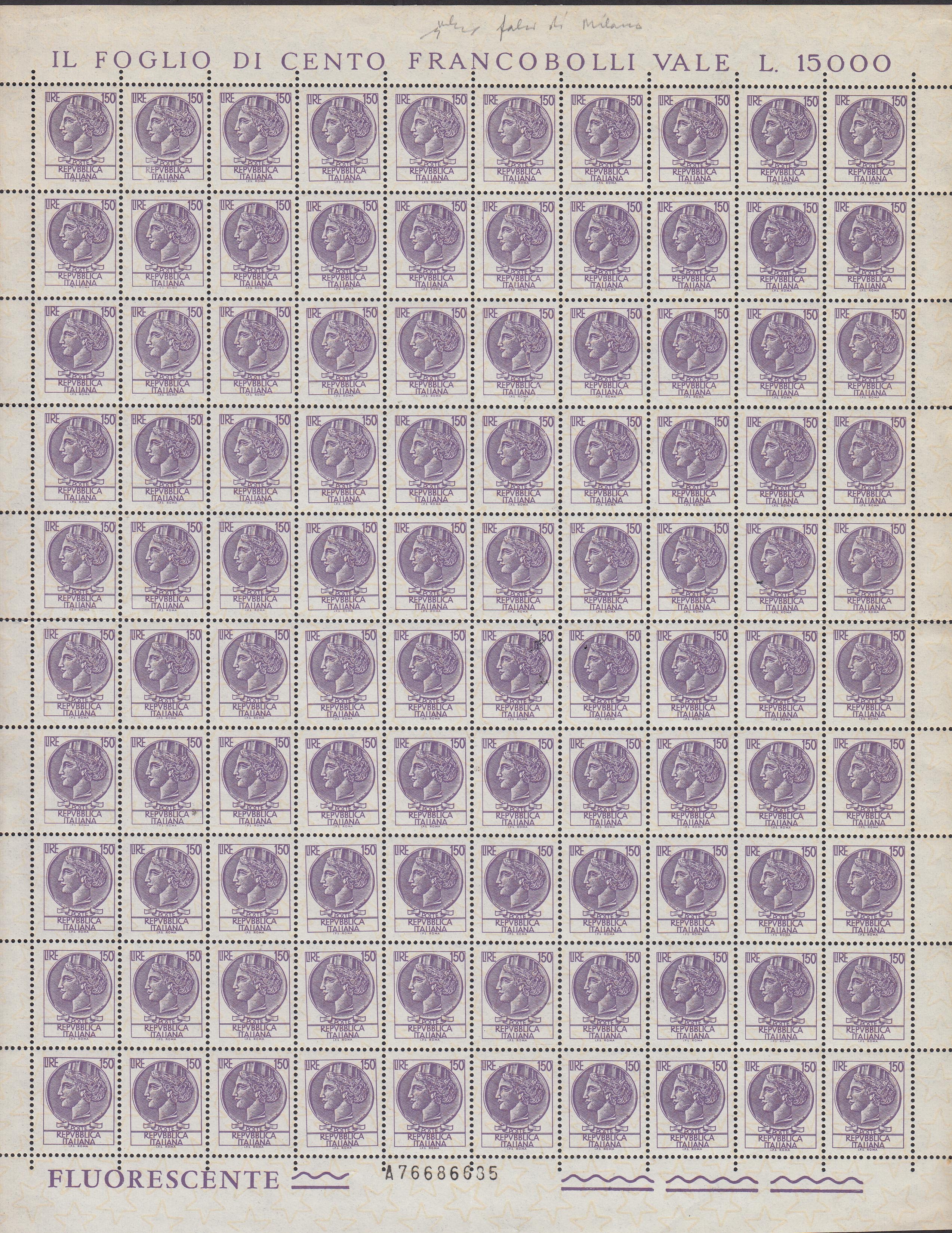 PP661 - Siracusana serving counterfeit, L.150 violet mauve, complete sheet of 100 copies.