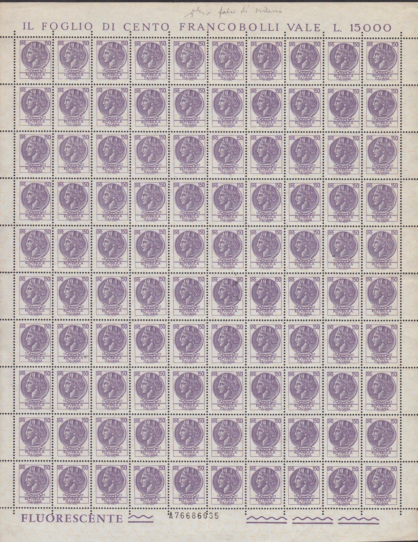 PP661 - Falso per servire della Siracusana, L.150 violetto malva, foglio completo di 100 esemplari.