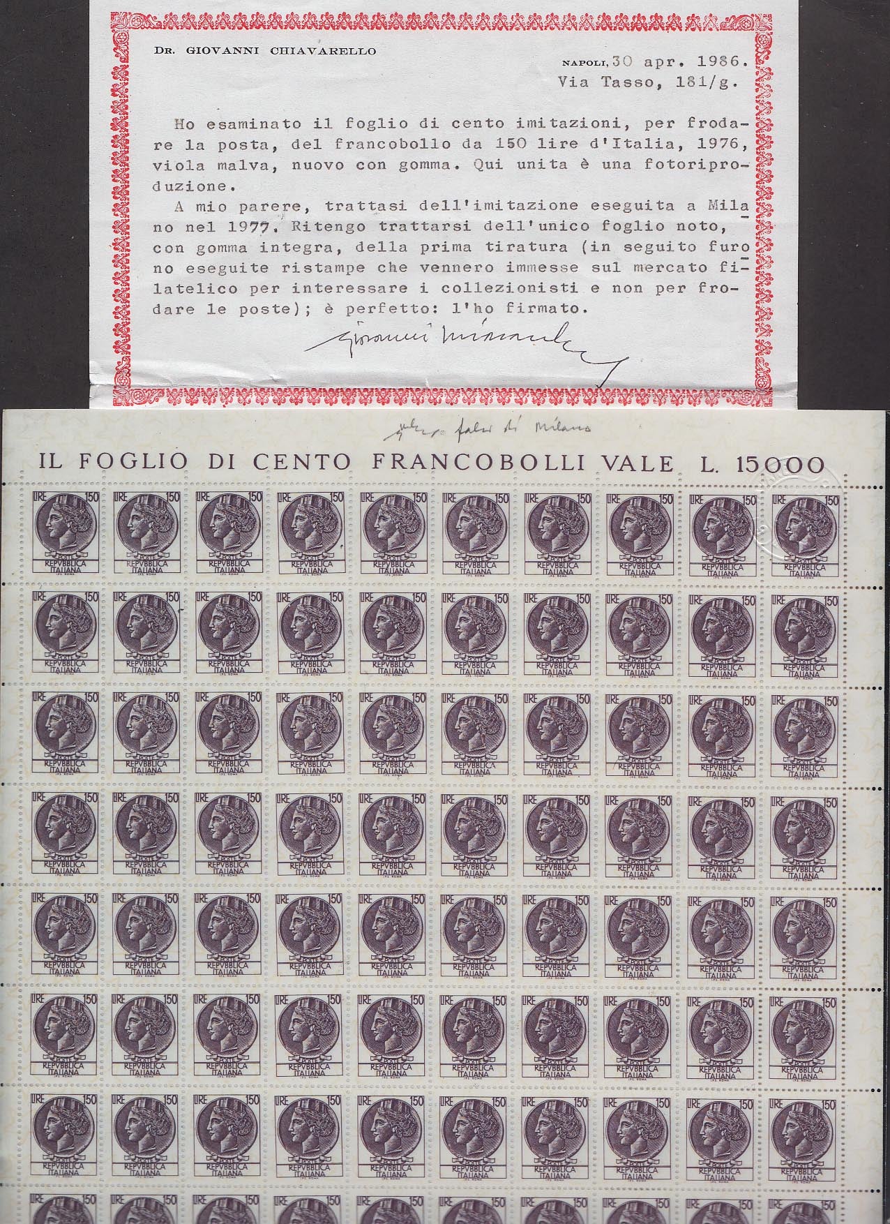 PP661 - Falso per servire della Siracusana, L.150 violetto malva, foglio completo di 100 esemplari.