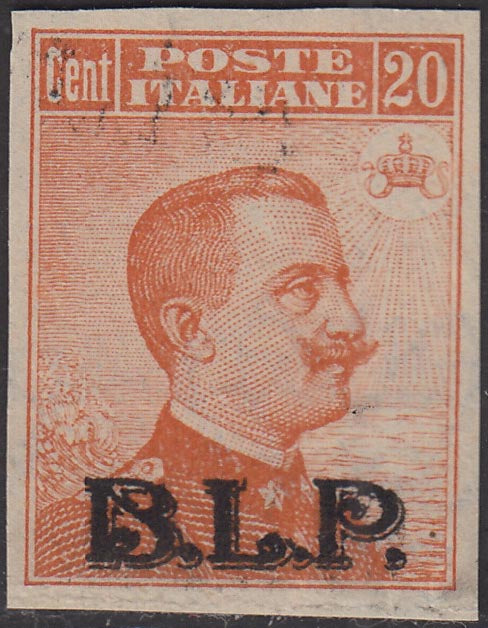 Francobollo di Regno tipo Michetti c.20 arancio non dentellato, soprastampa B.L.P. litografica del II tipo, nuovo integro (7Af)