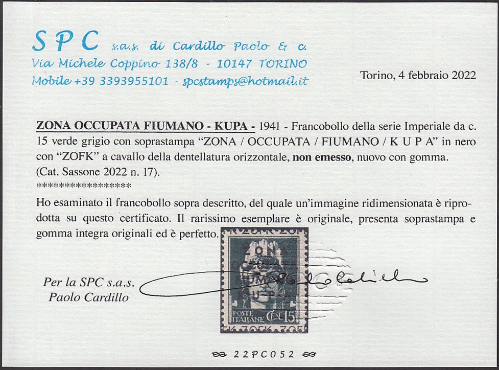 PP804 - 1941 - Imperiale c. 15 verde grigio soprastampato "ZONA / OCCUPATA / FIUMANO / KUPA" nuovo gomma integra (17)