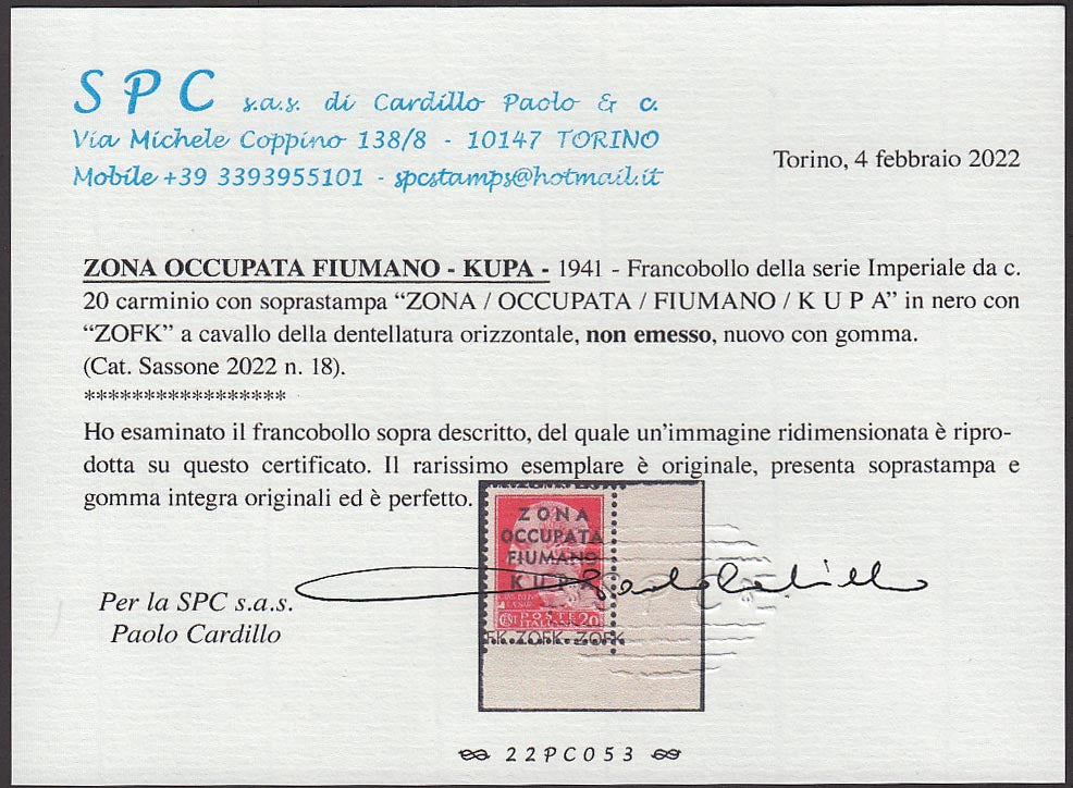 Imperiale c. 20 carminio soprastampato "ZONA / OCCUPATA / FIUMANO / KUPA" nuovo gomma integra (18)