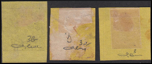 Issue without period after the figure, c. 15 yellow, bright yellow, light yellow used (3, 3a, 3b)