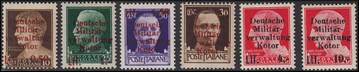 Occupazione Tedesca del Cattaro, francobolli d'Italia soprastampati "Deutsche Militar-verwaltung Kotor" nuovi (1/6)