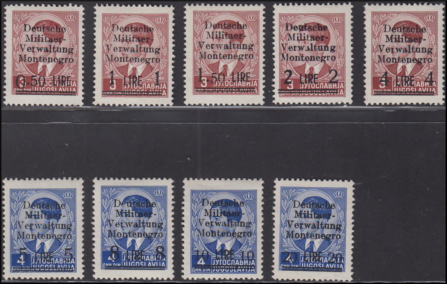 German occupation of Montenegro, Yugoslavia stamps overprinted "Deutsche Militaer-Verwaltung Montenegro" new (1/9)