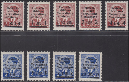 Occupazione Tedesca del Montenegro, francobolli di Jugoslavia soprastampati "Deutsche Militaer-Verwaltung Montenegro" nuovi (1/9)