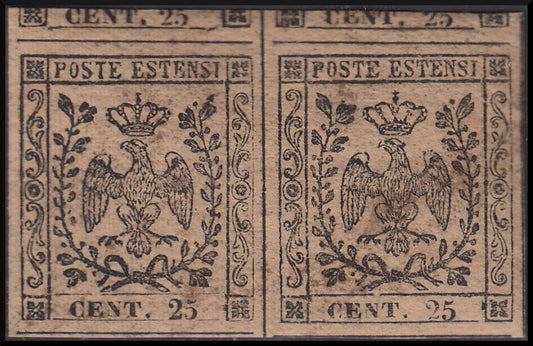 PPP39 - 1852 - Ducato di Modena c. 25 camoscio, stampa oleosa, coppia orizzontale nuova (4c)
