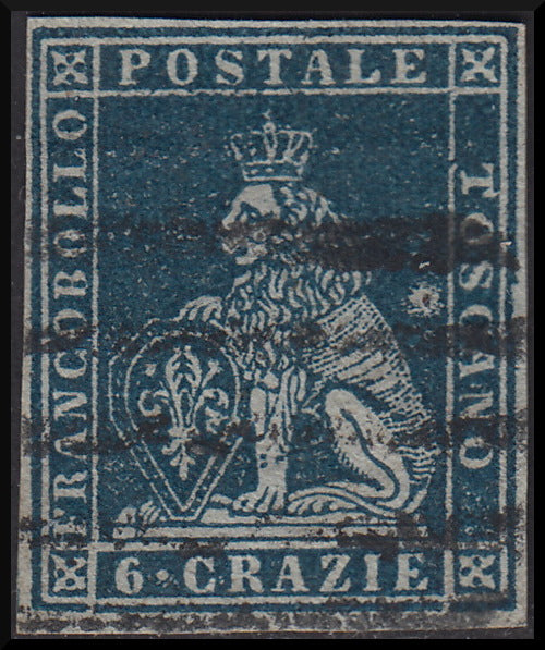PPP413 - 1851 Leone di Marzocco, 6 crazie azzurro su carta grigia e filigrana corona usato (7d)