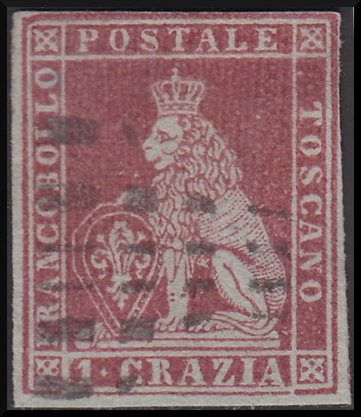 PPP428 - 1851 Leone di Marzocco, 1 crazia carminio brunastro su carta grigia e filigrana corona, usato (4e)