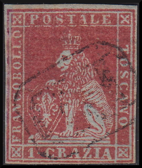 PPP439 - 1851 Leone di Marzocco, 1 crazia carminio su carta grigia e filigrana corona, usato (4d)