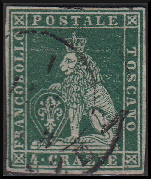 PPP443 - Leone di Marzocco, 4 crazie verde giallo scuro su carta grigia e filigrana corona, usato (6d)