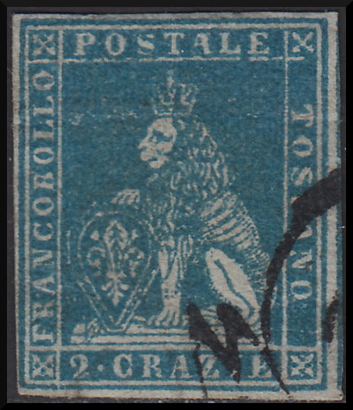 PPP446 - 1851 Leone di Marzocco, 2 light blue crazie on gray paper and crown watermark, used (5)