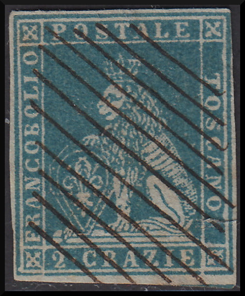 PPP447 - 1851 Leone di Marzocco, 2 light blue crazie on gray paper and crown watermark, used (5)