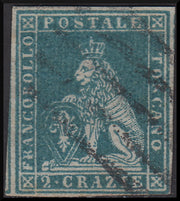 PPP448 - 1851 Leone di Marzocco, 2 greenish blue crazie on gray paper and crown watermark, used (5e)