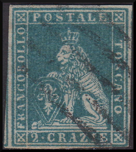 PPP448 - 1851 Leone di Marzocco, 2 crazie azzurro verdastro su carta grigia e filigrana corona, usato (5e)