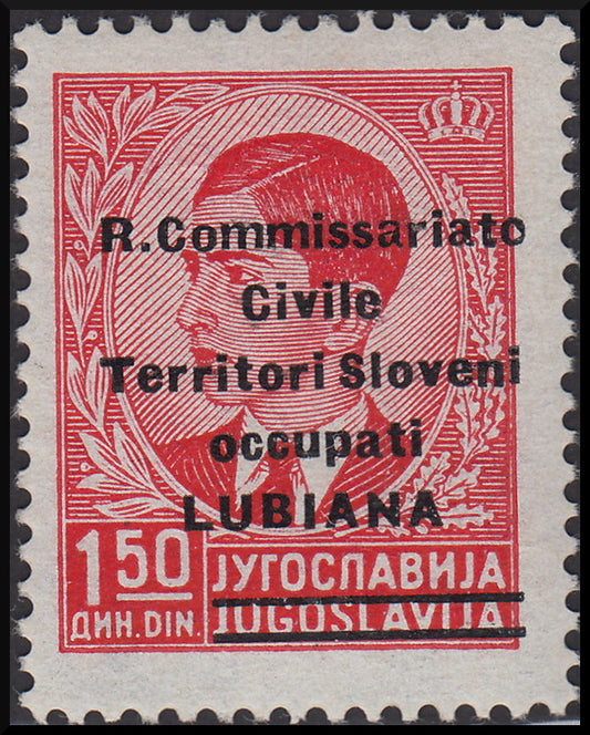 Italian occupation of Ljubljana, 1.50 red dinars overprinted R. Commissariat and two lines, intact new (34)