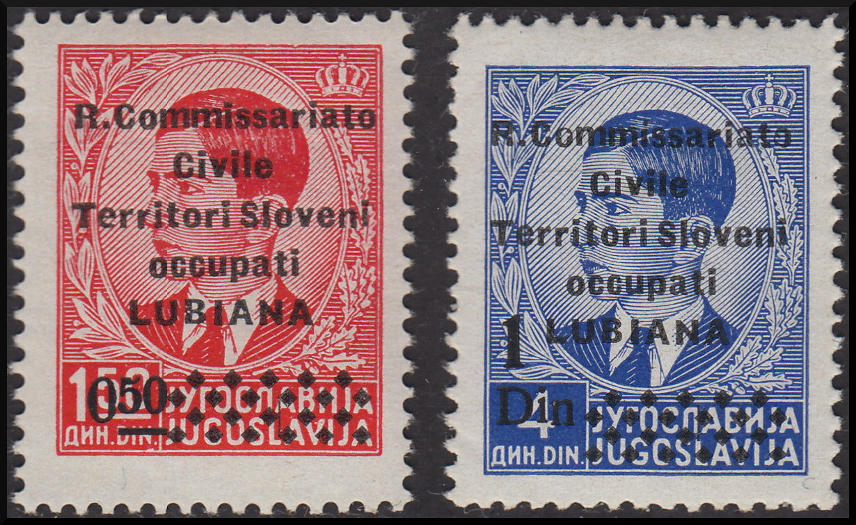 Occupazione Italiana della Lubiana, francobolli di Jugoslavia soprastampati R. Commissariato e riga, nuovi integri (39, 40)