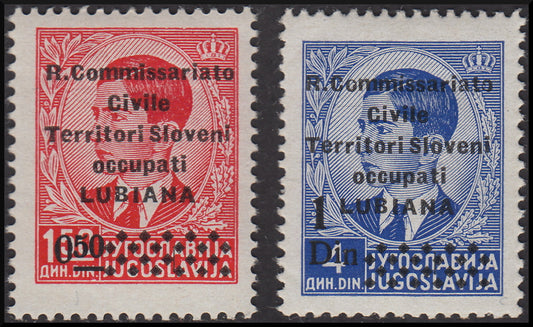 Italian occupation of Ljubljana, Yugoslavian stamps overprinted R. Commissariat and row, new intact (39, 40)