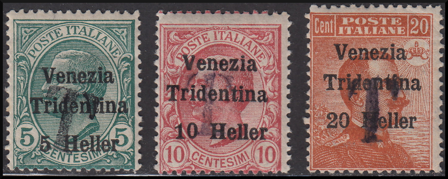 1918 - Trentino Alto Adige, ufficio di Bolzano 1, segnatasse provvisori soprastampati Venezia Tridentina e T (BZ1/5-BZ1/7)