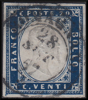 1855 - Sardegna IV emissione c. 20 celeste oltremare scurissimo (15i) usato.
