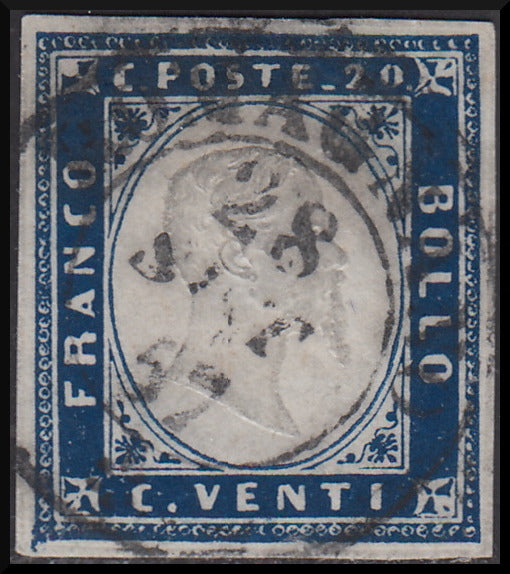 1855 - Sardegna IV emissione c. 20 celeste oltremare scurissimo (15i) usato.