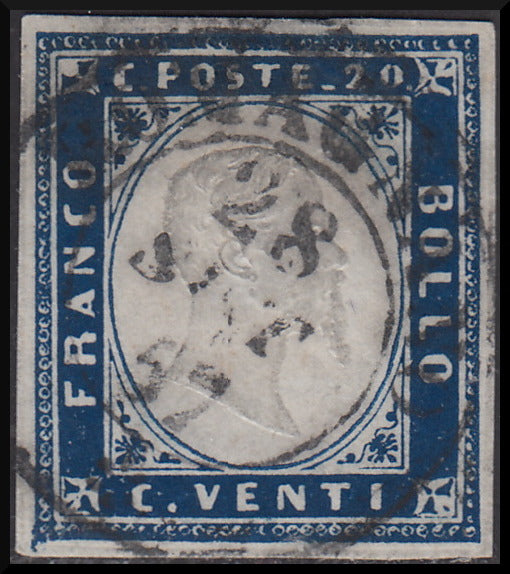 1855 - Edición de Cerdeña IV c. Se utilizaron 20 ultramar muy oscuro (15i).