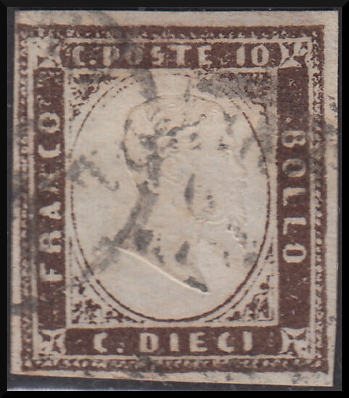 1859 - Sardinia IV issue c. 10 brown purple I table used (14Ac)