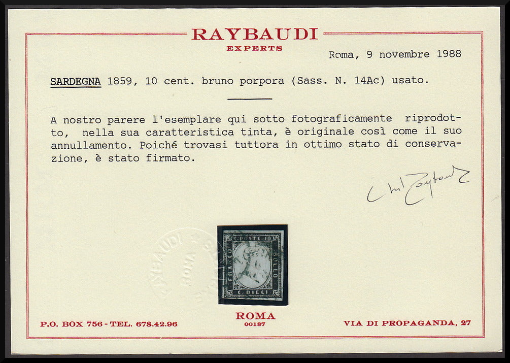 PPP677 - 1859 - Sardegna IV emissione c. 10 bruno porpora I tavola usato (14Ac)