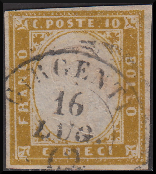 1862 - Sardinia IV issue c. 10 olive yellow II table used (14Dc)