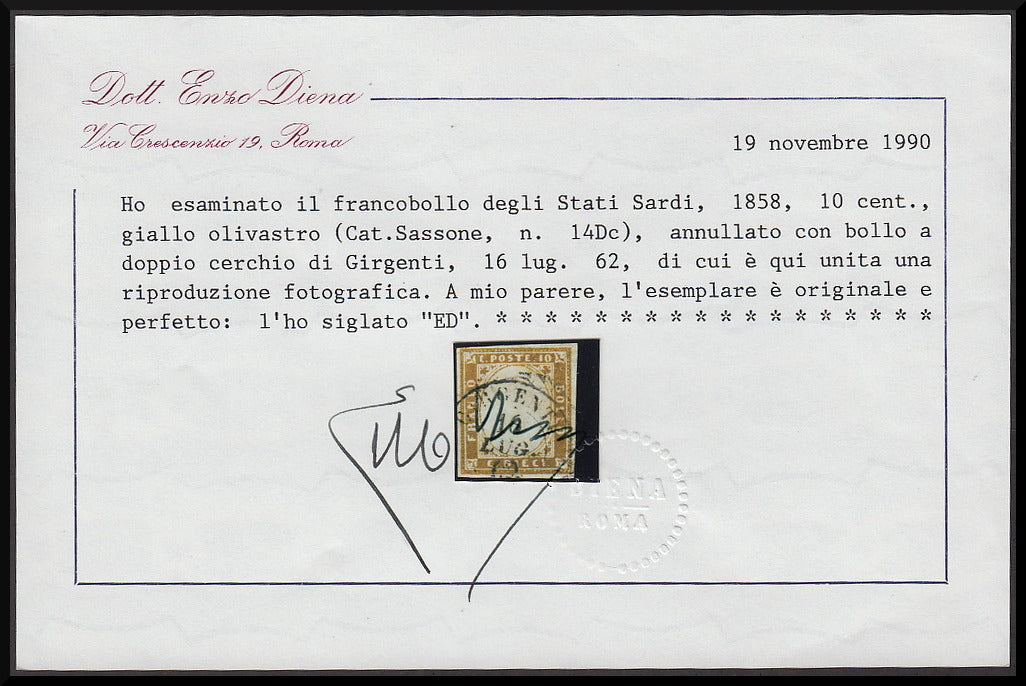 1862 - Sardinien IV. Ausgabe c. 10 olivgelb II. Platte gestempelt (14Dc)