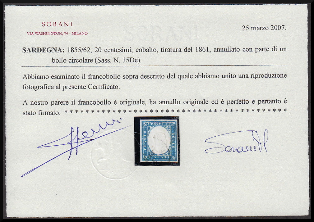 1861 - Sardegna IV emissione c. 20 cobalto II tavola (15De) usato