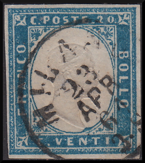 1861 - Sardinia IV issue c. 20 light cobalt II plate (15Dh) used