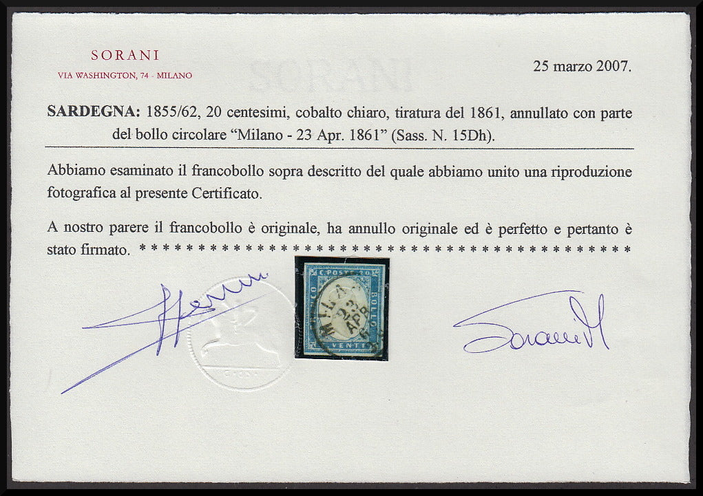 1861 - Sardegna IV emissione c. 20 cobalto chiaro II tavola (15Dh) usato