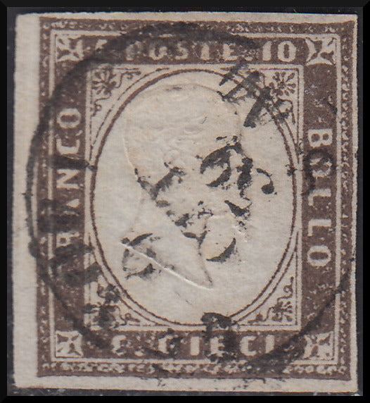 1859 - Sardinia IV issue c. 10 purplish brown I table used (14Ab)